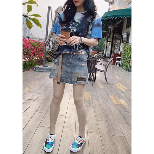 Lu yiji hellblauer Jeansrock 2025 Frühlings- und Sommer Neue personalisierte gedruckte Taille Slimming A-Line Denim Rock Trendy W9926# Blue S 80-95jin [Jin ist gleich 0,5 kg]