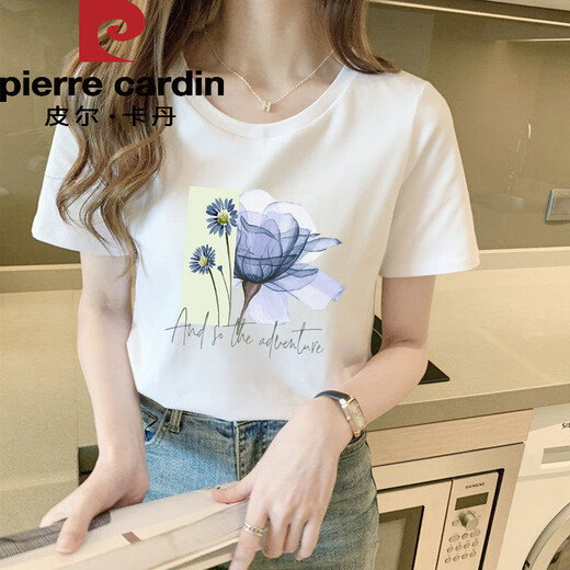 Pier Cardin Summer 2025 New Pure Cotton White T-shirt Women's Short Sleeve Loose T-shirt Students' Versatile Shoulder T-shirt Top 6172 Leather Powder Short Sleeve M (Suggested 80-105Jin [Jin equals 0.5 kg])
