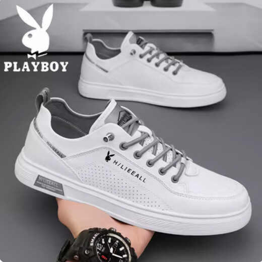 Playboy Herrenschuhe Frühling und Sommer weiche Bodenschuhe Herren echte Leder-Freizeitschuhe Mode weiße Schuhe Nicht rutschende und transparente Playboy 1105 White Grey 44