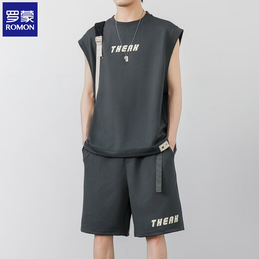 Romon Waffle Casual Anzug Herren Sommer Neue trendige ärmellose Weste Lose T-Shirt Sport Fünf-Punkte-Shorts Black LM5155 S
