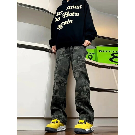 Digada Camouflage Hosen für den Frühling und den Herbst im Sommer für Männer, neue schlanke Lumberjack American High Street Gerade-Flüssigkeits-Jeans DFFS-671 Camouflage XL