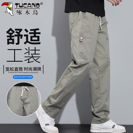 Woodpecker (TUCANO) pants men's autumn and winter casual pants men's high-end American overalls loose straight versatile trousers light green XL