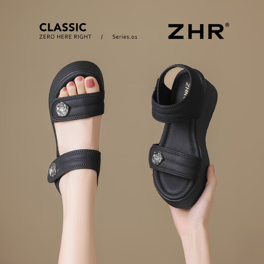 ZHR thick sole high heel sandals for women wearing high-rise soft sole heeled casual women's shoes CE37 black 36