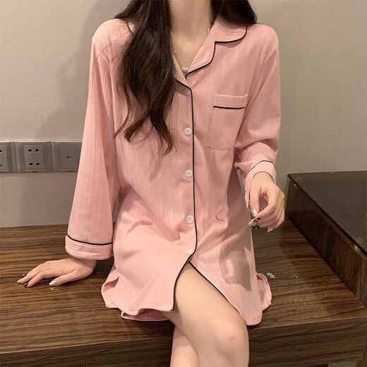 COLORFUL GEMS bean paste color pajamas for women new long-sleeved nightgowns for home clothes spring, summer and autumn boyfriend style 681# bean paste color shirt skirt 175 L (95-110Jin[Jin equals 0.5 kg])