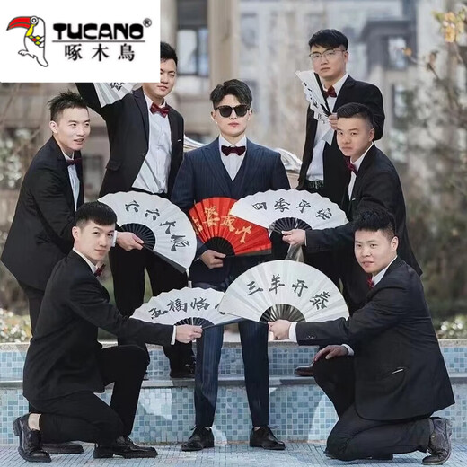 啄木鸟伴郎服兄弟西服套装婚礼衬衣西装礼服兄弟团衣服男结婚春秋季外套 黑色(马甲+衬衫+西裤+领结) XL -西裤尺码可备注