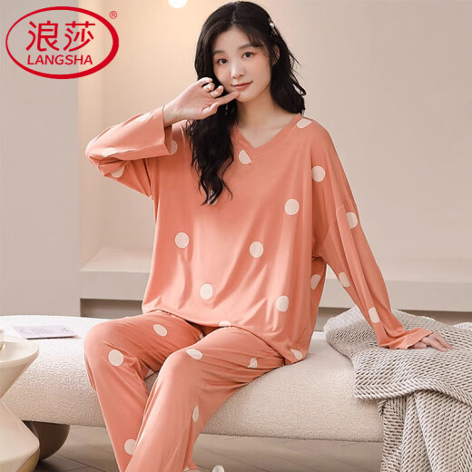 浪莎（LangSha）轻奢莫代尔女士睡衣春秋套装薄款冰丝长袖秋季可外穿大码家居服 【莫代尔V领】3882 XL 【建议120-140斤】