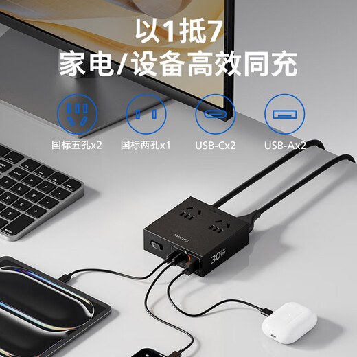 Philips (PHILIPS) fast charging socket with USB gallium nitride desktop charging station plug-in drag strip plug-in strip expansion socket converter PD30W small magic box
