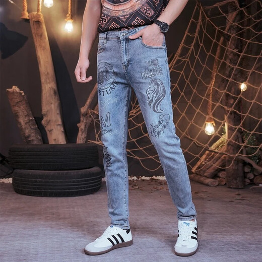 牧植香港潮牌欧货高档春秋刺绣牛仔裤男士新款男款弹力修身休闲小脚裤 黑灰色 6623 33