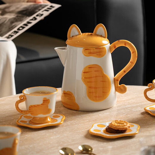 Dining General Ceramic Water Set Gift Box Living Room Flower Teapot Mug Coffee Cup Saucer Water Cup Housewarming New Wedding Souvenir Creative Cat Water Set One Pot Four Cups and Saucers