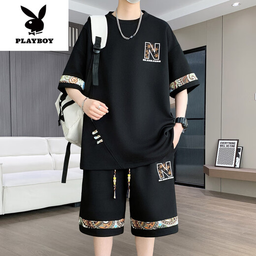 花花公子（PLAYBOY）2025年夏季新款中国风时尚休闲男士套装圆领短袖T恤短裤两件套潮 【短.袖套装】6195 绿色 XL (建议130-145斤)