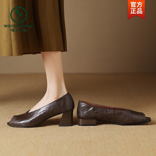 啄木鸟小众设计牛皮V口鱼嘴凉鞋女2025款夏秋粗跟单鞋中低跟浅口小皮鞋 黑色/5厘米跟/t2539款 38
