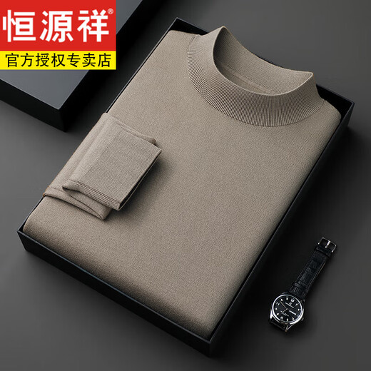 Hengyuanxiang 100% pure wool half turtleneck sweater for middle-aged men, thick imitation knitted bottoming shirt, loose dad sweater, light brown, worsted pure wool XL 175 140 to 155Jin Jin is equal to 0.5 kg