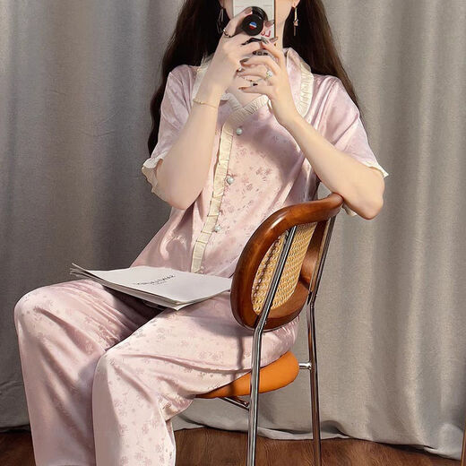 雅鹿睡衣女夏季大码薄款凉感冰丝绸宫廷风短袖长裤舒适家居服套装 FY3937[郁金香短袖短裤] 均码 L[建议100120斤]