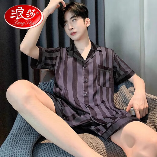 LangSha light luxury men's pajamas new summer ice-sensing shorts shorts home clothes summer youth silk cardigan suit ice silk men's G723 L (height about 170, weight -130Jin [Jin equals 0.5 kg])