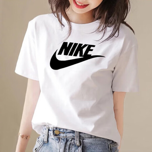 Nike (NIKE) women's big hook contrasting color sports suit 2025 summer jogging fitness training suit trendy casual clothes pure cotton white short-sleeved T-shirt top L