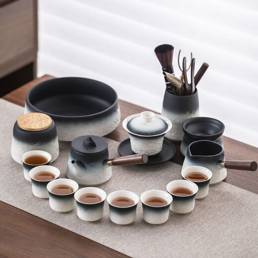 XMSJ轻奢粗陶功夫茶具套装家用泡茶器办公会客盖碗茶壶侧把壶茶 12023山海盖碗+提梁8杯组合
