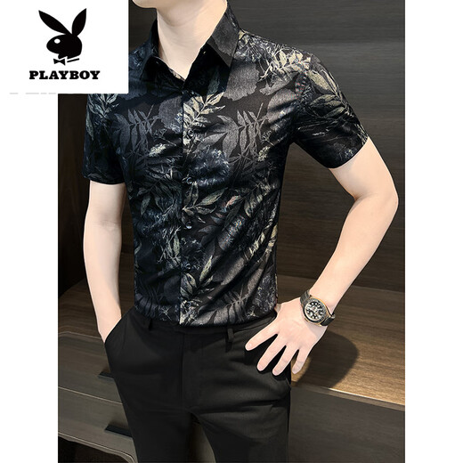 花花公子（PLAYBOY）男士花衬衫短袖夏季2025新款夏装冰丝痞帅修身印花碎花衬衣男新品 蓝色 9885 M 【建议115斤以内】