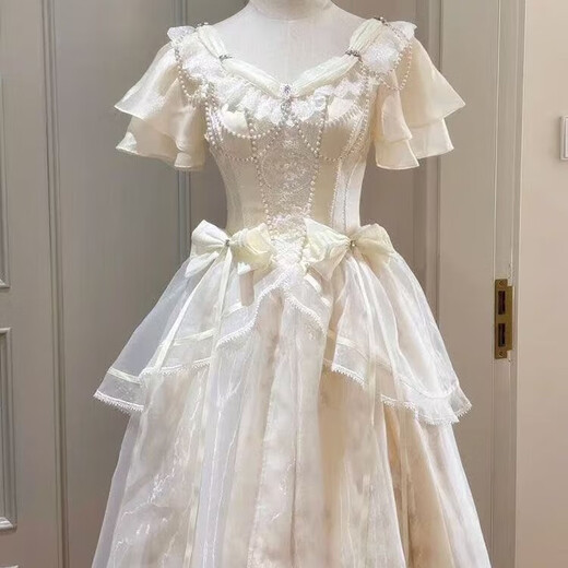 2025 Vestido nuevo de verano para mujeres adultas franceses de alta noche Vestido de noche súper hada banquete princesa vestida de albaricoque blanco m alta calidad (recolectar y dar dos arcos con collar)