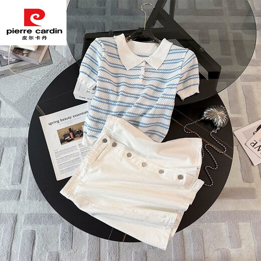 皮尔卡丹（pierre cardin）夏季2025新款韩系条纹短袖上衣显瘦百搭牛仔短裙套装裙两件套夏季 套装 条纹上衣7419A+半身裙7170B S