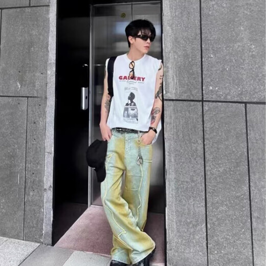 迪伽达美式高街重磅坎肩无袖背心男夏季字母印花宽松休闲hiphop上衣t恤 YSXS-B1105白色 2XL