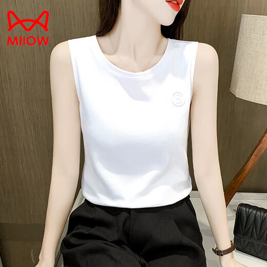 Catman (MiiOW) suspender vest for women in summer new Korean style embroidered white large size loose versatile sleeveless bottoming T-shirt for women white + white [two-piece] M