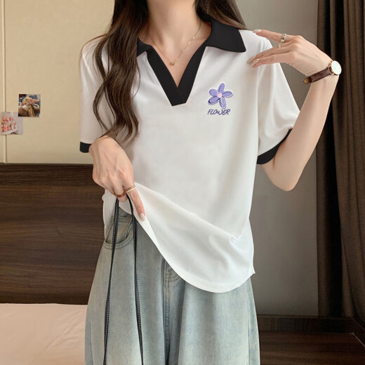 贝吉棋夏季200-300斤超胖m大码女装短袖t恤女宽松显瘦撞色polo衫上衣服 1105#CAC太阳-白色 2XL 【165一205斤】