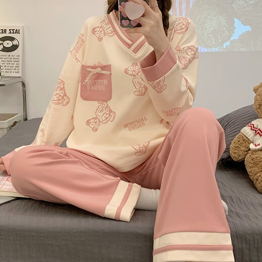 浅伊琳睡衣女春秋季韩版长袖长裤可爱卡通套装可外穿夏秋冬款大码家居服 宝蓝色 t9922图色 M  (建议75-95斤)