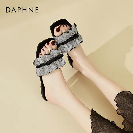 达芙妮（DAPHNE）平底法式晚风凉拖鞋女夏季外穿海边配裙子露趾一字拖女 黑色  38 