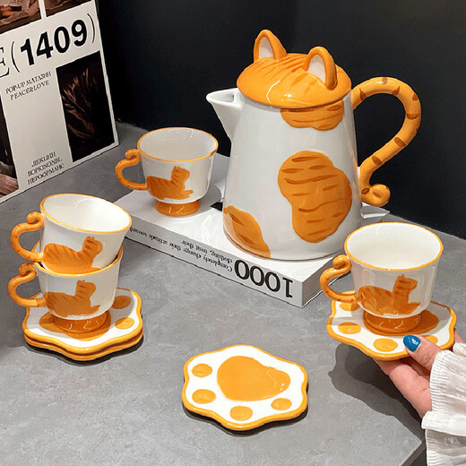 Dining General Ceramic Water Set Gift Box Living Room Flower Teapot Mug Coffee Cup Saucer Water Cup Housewarming New Wedding Souvenir Creative Cat Water Set One Pot Four Cups and Saucers