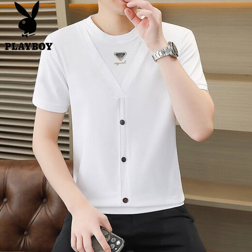 Playboy (Playboy) Summer NUEVA falsa camiseta de dos piezas 2025 Camiseta de manga corta Men a moda de moda transpirable a media manga de media manga Q6623 White XL [115-130Jin [Jin equivale a 0.5 kg]]]