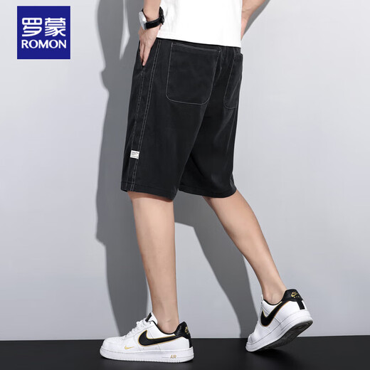 罗蒙（ROMON）天丝牛仔短裤男五分裤夏季超薄宽松直筒阔腿裤男潮牌冰丝休闲中裤 1049黑色 XL 130-145斤