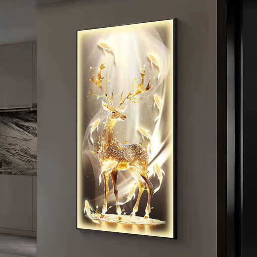 CHENGZAI FUGUI Elk Living Room Decoration Peinture Luxe Luxury Lights Amosphériques LEDS directement en face de la porte murale Mural Painting Halway Paindre T12859 90 * 180 (suggéré pour 1,2-1,5 mètres de mur) Crystal Porcelain Aluminium Gold Frame [Plug-in + télécommande]