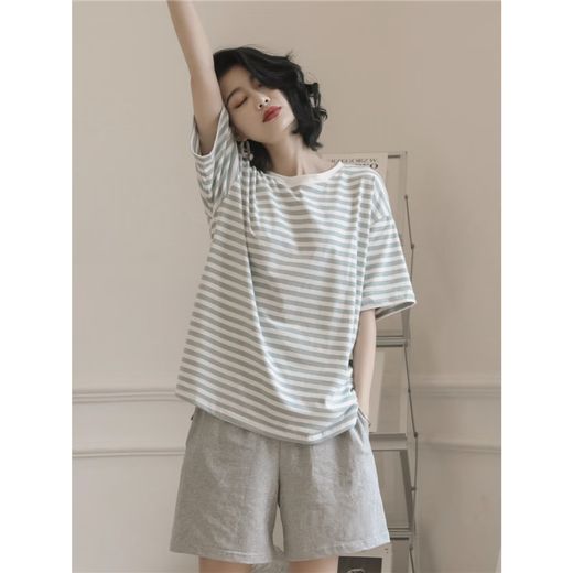 XPAY日系2025年新款爆款睡衣女夏季纯棉短袖两件套夏天条纹家居服 YZ9848黑条纹 L 女款 建议100-120斤