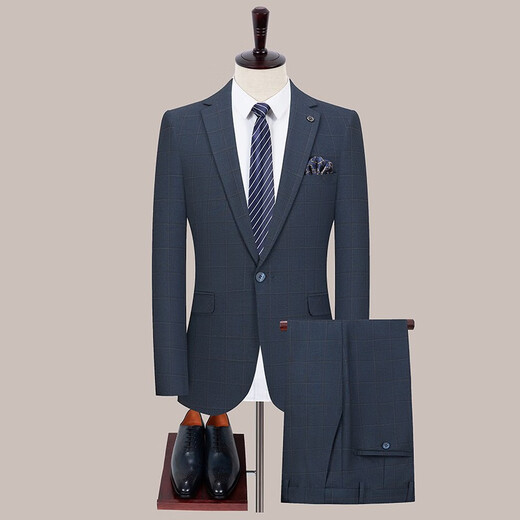 高端新款春秋季西服套装男商务休闲免烫职业西装两件套 6169-蓝条-两粒扣-双开叉 XXS 165留言裤子尺码或者腰围
