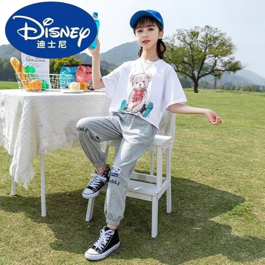 Traje de verano de Disney Girls Failable y de moda para niñas de moda de 12 a 15 años de niños Moda de dos piezas Top verde de verano + Pantalones grises 677 150