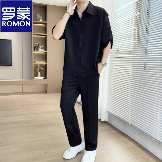 罗蒙（ROMON）冰丝短袖衬衫套装男士夏季休闲轻熟痞帅搭配垂感抗皱西裤男装一套 718米白色(中袖套装) M 90-110斤