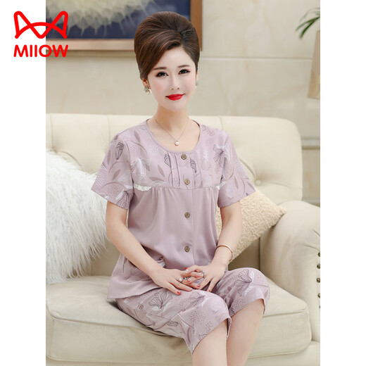 
Catman (MiiOW) pajamas for women in summer pure cotton short-sleeved cropped pants middle-aged and elderly mothers for summer round neck cardigan plus size home clothing 6626# [cardigan style] XL [Suggested 120-140Jin [Jin equals 0.5 kg]]