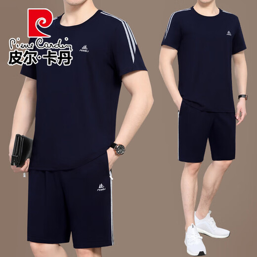 Pierre Cardin (Pierre Cardin) mittleren und älteren Sportanzugser-Sommer-Sommer-Kurzschlägen mit kurzer Kurzschleife losen runden Hals.