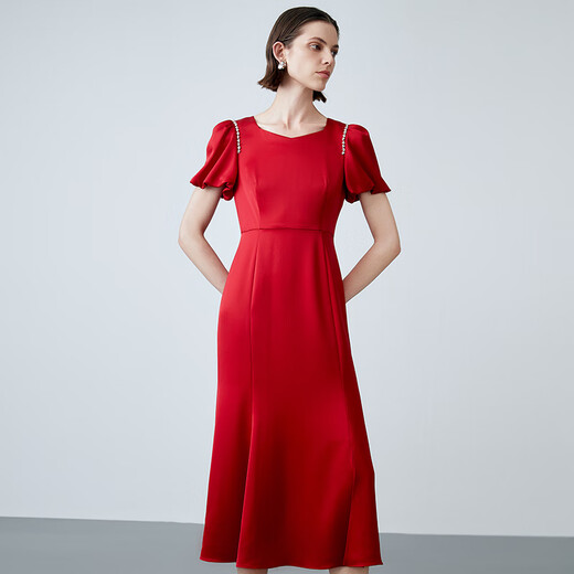 EITIE Noble Diamond Satin High Waist Qiji Red Dress Summer New Toast Wear Banquet Women's Clothing 7877505 Pompeii Red 61 L (165)