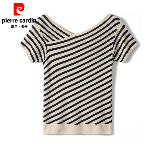 皮尔卡丹（pierre cardin）法式条纹短袖t恤女夏季2025年新款宽松显瘦v领薄款针织衫冰丝上衣 DX829#条纹色 S 建议85-99斤
