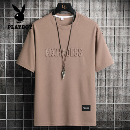 花花公子（PLAYBOY）冰丝短袖t恤男士夏季薄款简约钢印字母半袖宽松潮流百搭休闲体恤 829军绿 XL (约130-150斤可穿)