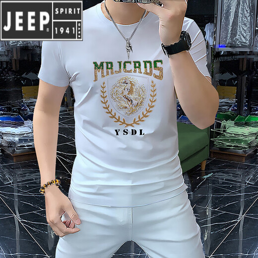 JEEP SPIRIT2025 short-sleeved T-shirt for men's mercerized cotton half-sleeved European and American hot diamond European station round neck slim ice silk sequin A838 black 2XL