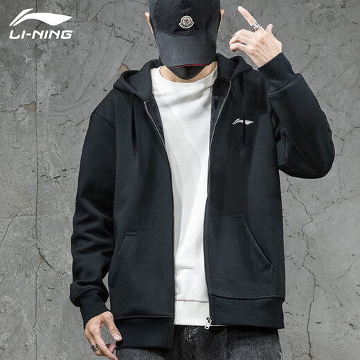 Li Ning (LI-NING) jacket men and women same hooded sweatshirt spring and autumn new couple top casual knitted cardigan sports jacket black (hooded jacket + hooded trousers) XL