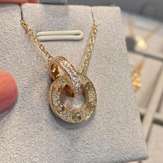 Hunter 18K rose gold double ring necklace women's ring set with diamond pendant full of diamonds au750 clavicle chain jewelry double ring without diamonds