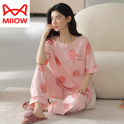 猫人（MiiOW）织睡衣女夏季纯棉短袖长裤薄款全棉夏天女士家居服套装春秋季 YZT9716 短袖长裤 M 80-100斤