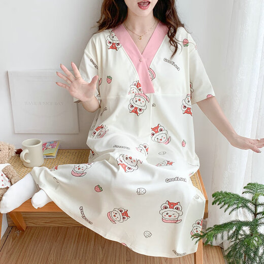 Cao Jingjia summer short-sleeved pregnant women's nightgown with chest pad pregnancy pajamas 2025 new style hospitals can wear breastfeeding skirts outside when entering the delivery room QSY16819 short-sleeved skirt 3XL size recommended weight 148-180Jin [Jin equals 0.5 kg]