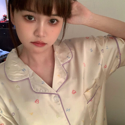 Langsha Summer Dünn Ice Seide Pyjamas Frauen Kurzarm 2025 Neuer Sommer Einfacher Buchstaben bedruckt Seiden Home Kleidungsstück YFY-9904 [Cool Feel] M [Vorgeschlagen 80-100Jin [Jin gleich 0,5 kg]]