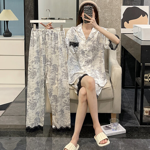 Modal Ice Seide Pyjamas für Frauen im Sommer im Sommer dreiteils Set kurzärmelige dünne Imitation Seide Neue große Sommermode-Kleidung 3881-Srimp Pulver m