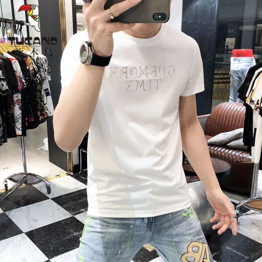 啄木鸟（TUCANO）t恤男士2025夏季新款短袖T恤男修身个性刺绣烫钻欧货丝光棉体恤男 724闪电R白色 5XL