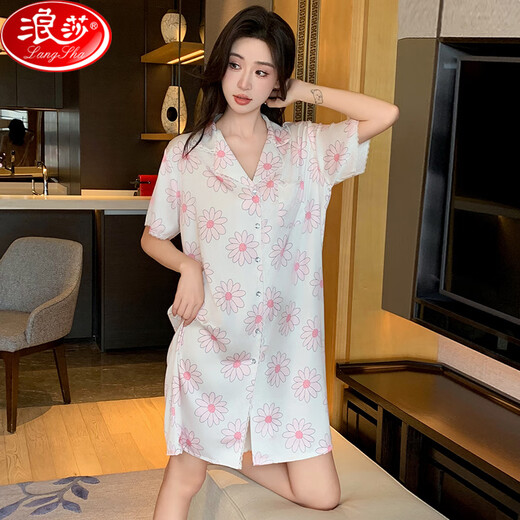 浪莎睡裙女士夏季短袖开衫睡衣性感薄款连衣裙夏天家居服 11969 均码 【80斤-135斤】